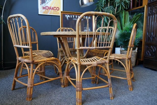 Image 7 of Mid C Wicker Dining Table & 6 'Peacock' Style Chairs 1970s