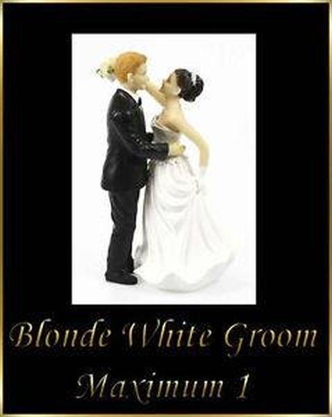 Preview of the first image of Blonde haired groom brown haired bride wedding cake topper.