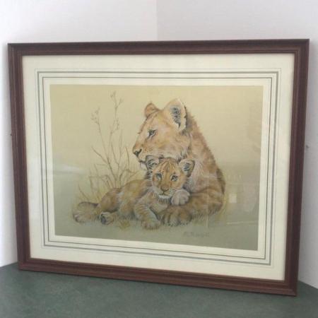Image 1 of Vintage 1980s framed M Fennell metallic lioness & cub print.