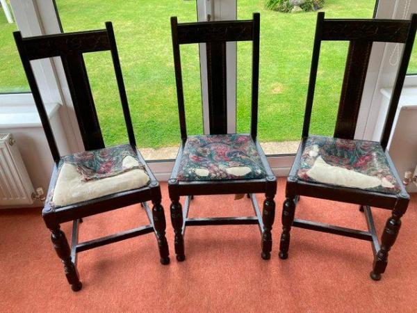 Image 1 of 3 x Vintage Dark Oak High backed dining chairs -solid timber