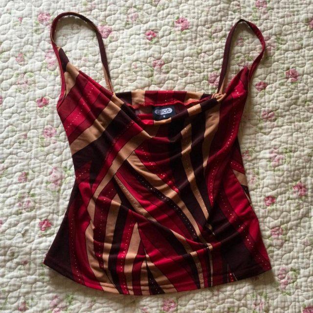 Preview of the first image of Vtg 90s PILOT sz8 Drape Neck Strappy Top, Burgundy Fawn Red.