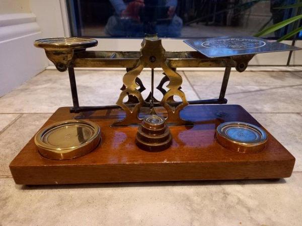 Image 3 of Antique brass postal scales with six weights
