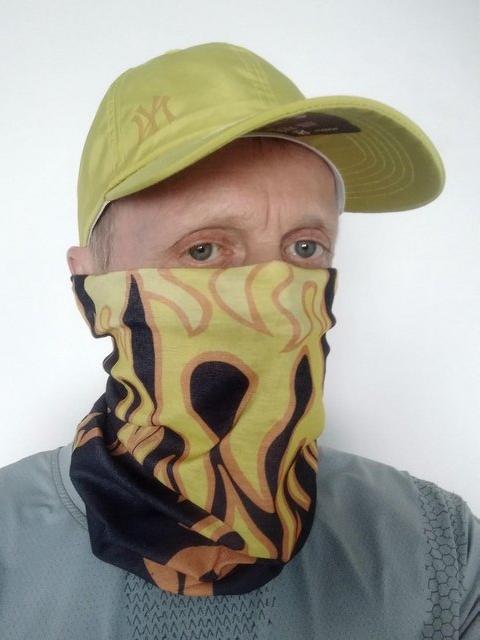 Yellow satin baseball cap with flame style thermal face mask - £18 each