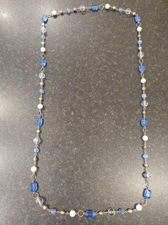 Image 1 of Blue & white bead necklace on a silver coloured chain