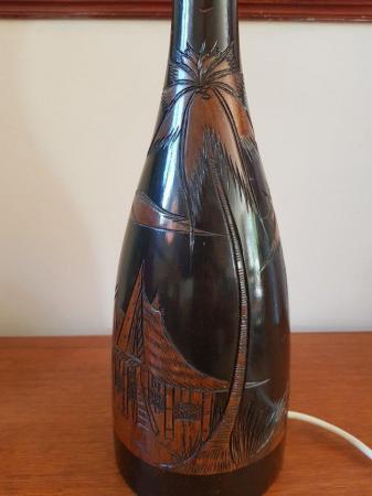 Image 2 of Vintage mid century large oriental wooden hand carved lamp