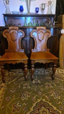 Image 4 of Pair of Antique Victorian Mahogany Wood Hall Chairs Armorial