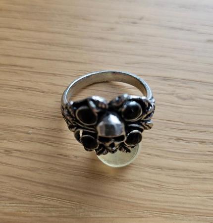 Image 2 of Pewter Gothic Style Skull & Black Stone Ring