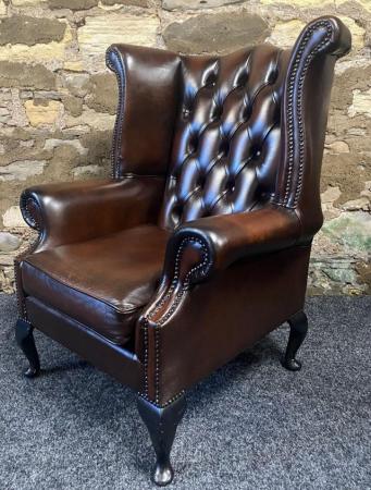 Image 10 of Queen Anne Wingbacked Armchair Brown Leather x 2