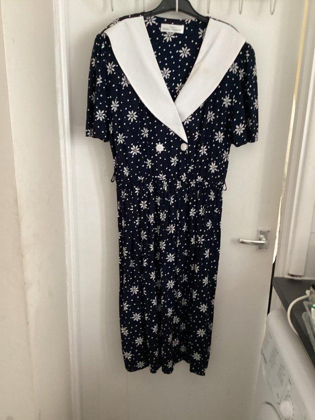 Preview of the first image of M & S Vintage Navy Blue Tea Dress with White Collar Size 16.