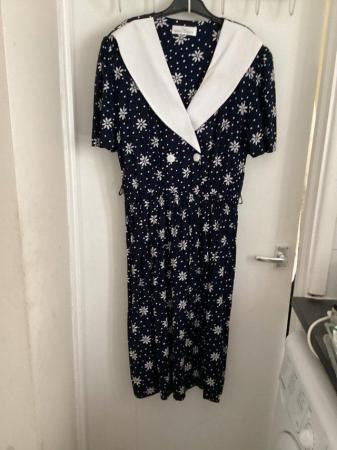 Image 1 of M & S Vintage Navy Blue Tea Dress with White Collar Size 16