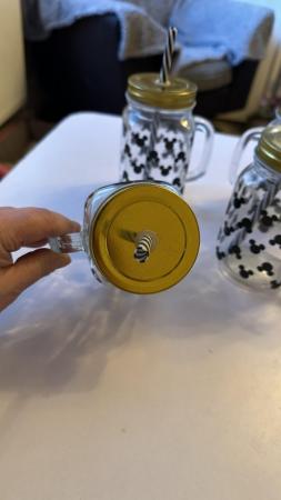 Image 2 of Disney Mickey head mason jar with lid and straw, set of 4