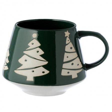 Image 1 of Stoneware Mug Green Glaze Relief - Christmas Tree.