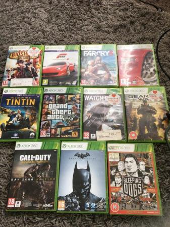 Image 1 of Xbox360 console with 2 controllers and 11 games