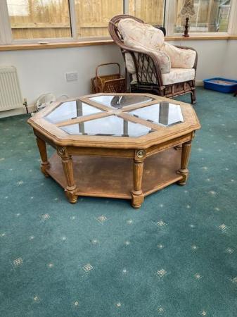 Image 1 of Octaganal Wood and Glass Coffee Table