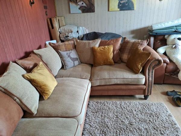 Image 2 of Sofology LH Corner Leather & Fabric Sofa - brown & oatmeal