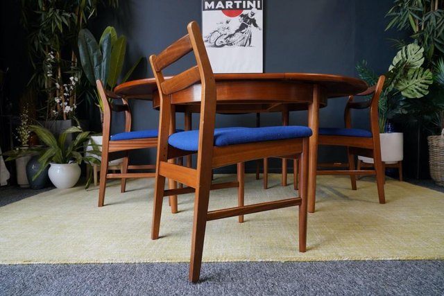 Image 10 of Mid C 1970s Teak Dining Set D-end Table 4 Barback Chairs