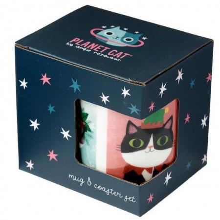 Image 3 of Angie Rozelaar Planet Cat Christmas Porcelain Mug & Coaster