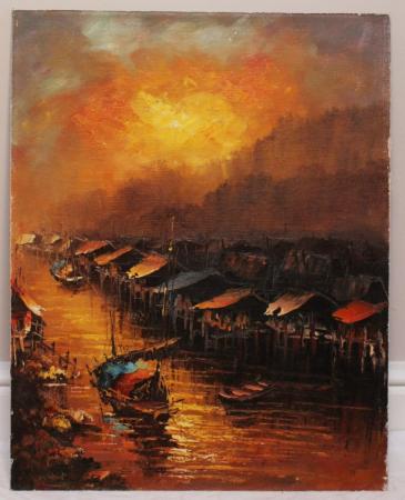Image 1 of Tranquil Asian Harbour Scene / Fishing / Marititme Painting