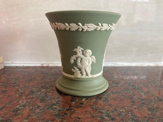 Preview of the first image of Wedgwood Sage Green Jasperware vase classical designs.