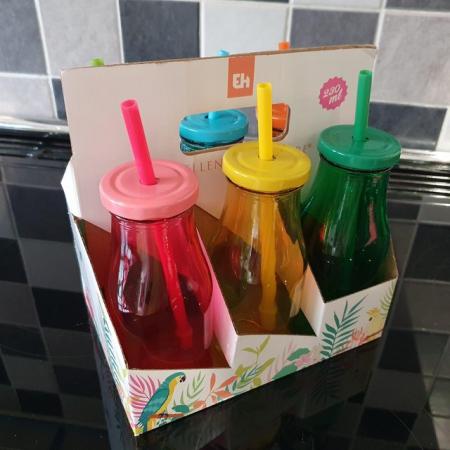 Image 3 of Set of six coloured glass drinking bottles with straw
