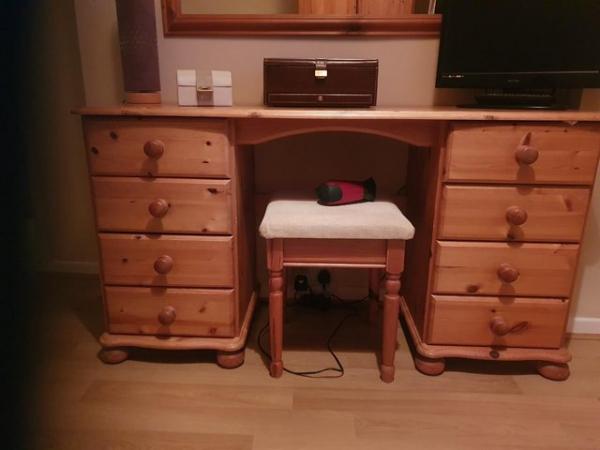 Image 1 of 3 Drawer Pine dressing table with Stool