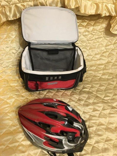 Preview of the first image of Red Bicycle Helmet & Handlebar Bag.