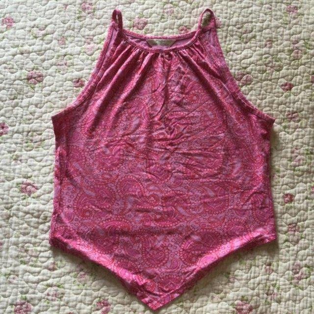 Preview of the first image of Size 10 90s Vintage M&S Pink Paisley High Neck Strappy Top.
