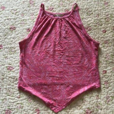 Image 1 of Size 10 90s Vintage M&S Pink Paisley High Neck Strappy Top