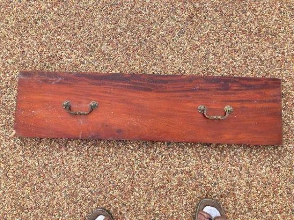 Image 1 of Vintage Parana pine drawer front, brass hinged handles