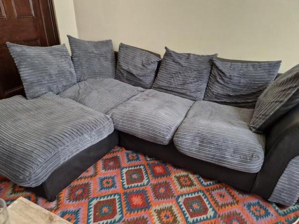 Image 2 of Grey 3 seater jumbo cord chaise sofa / L-shape Sofa