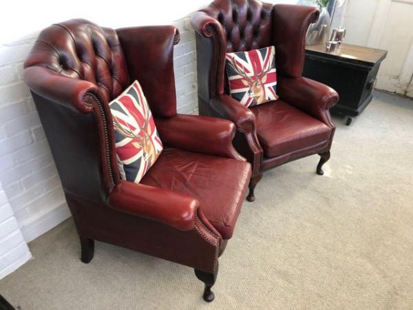 Image 2 of Pair vintage Oxblood Queen Anne chesterfield armchairs.