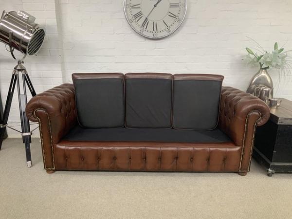 Image 5 of Saddle brown 3 seater Chesterfield sofa. Can deliver.