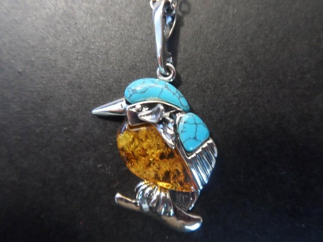 Preview of the first image of Amber and Turquoise 925 Silver Kingfisher Pendant.