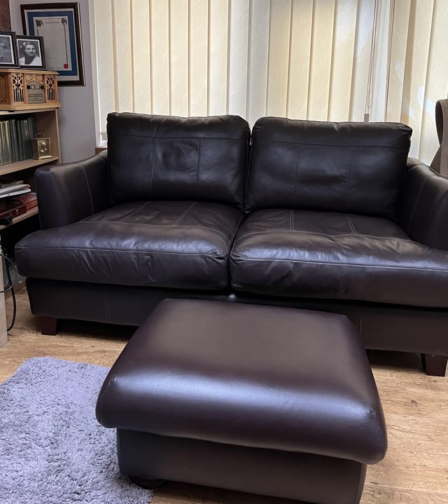 Preview of the first image of Italian Brown Leather 2 Seater Sofa, Chair & Footstool.