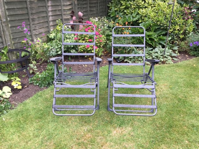 Preview of the first image of GARDEN RECLINING CHAIRS X2 GREY METAL FREE.