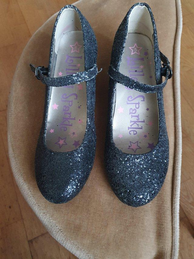 Preview of the first image of Girls size 5 (38) Black Lilley Sparkle party shoes.