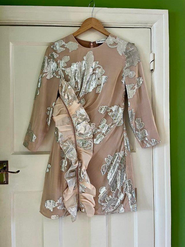 Preview of the first image of Self Portrait Pink Blush Metallic Silver Frill Floral Dress.