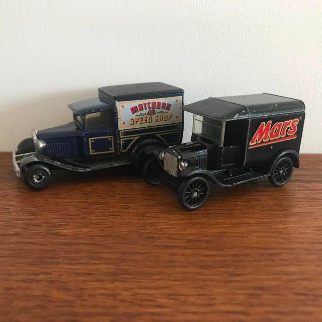 Preview of the first image of 2 vintage Matchbox 1921 Model A Ford vans: Mars, Speed Shop.