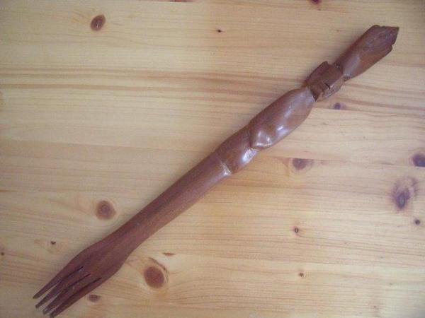 Image 1 of Long vintage hand carved wooden fork/tribal figure handle.