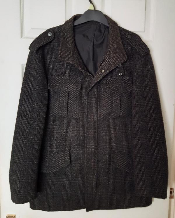 Preview of the first image of Mens Dark Wool Mix Grey Plaid Coat By Peter Werth - Size 3.