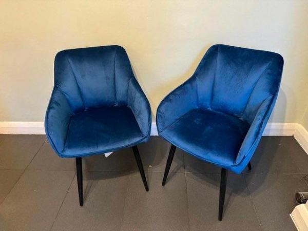 Image 1 of Pair of dark blue velvet dining chairs