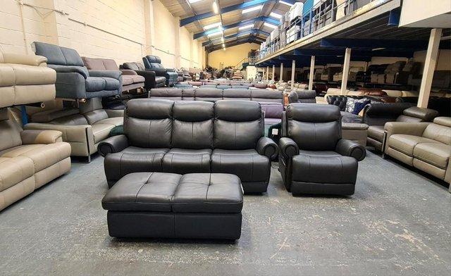 Preview of the first image of Benton dark grey electric 3 seater sofa, armchair and puffee.