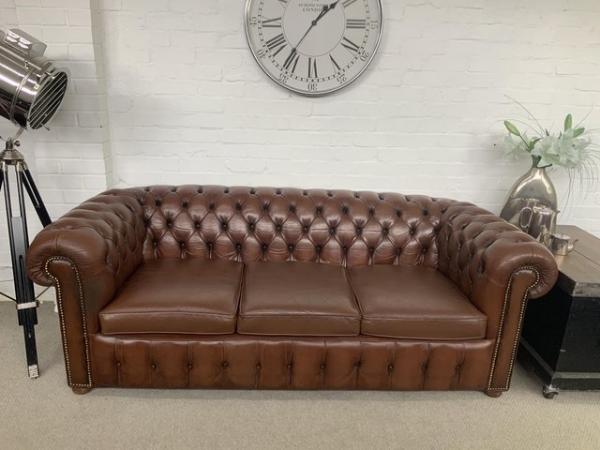 Image 6 of Saddle brown 3 seater Chesterfield sofa. Can deliver.