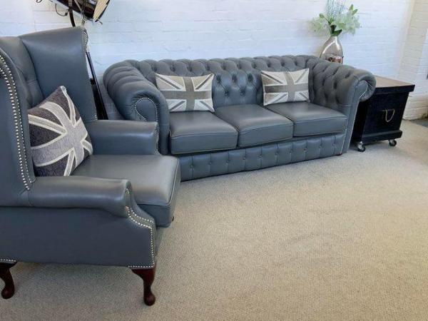 Image 8 of Grey Chesterfield sofa. Armchair & footstool available.
