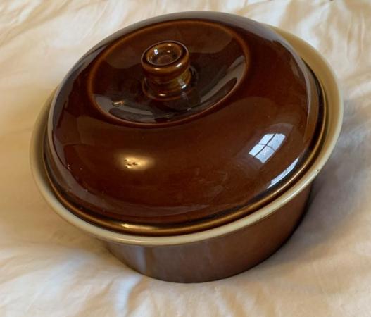 Image 1 of Vintage brown Ceramic Casserole pot with lid