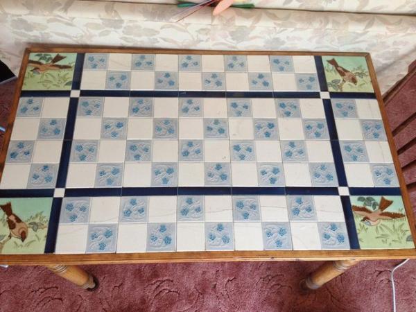 Image 2 of Edwardian kitchen table with Dutch tiled surface.
