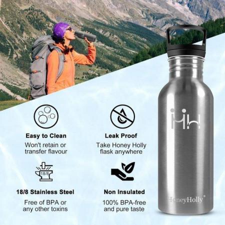 Image 2 of HoneyHolly Metal Water Bottle 750ml Stainless Steel + Straw