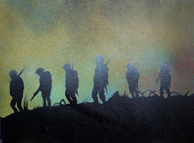 Preview of the first image of Tommy's at dusk ww1 the Somme acrylic spray art painting.