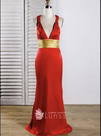Image 3 of Elegant red satin dress with gold waistband, never worn