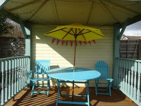 Image 1 of WOODEN FOLDING ROUND PATIO TABLE, CHAIRS AND SUN BROLLEY